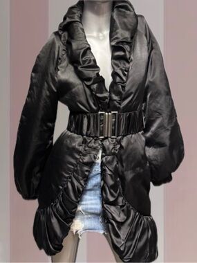 Bebe Vintage Y2K Black Satin Belted Long Coat